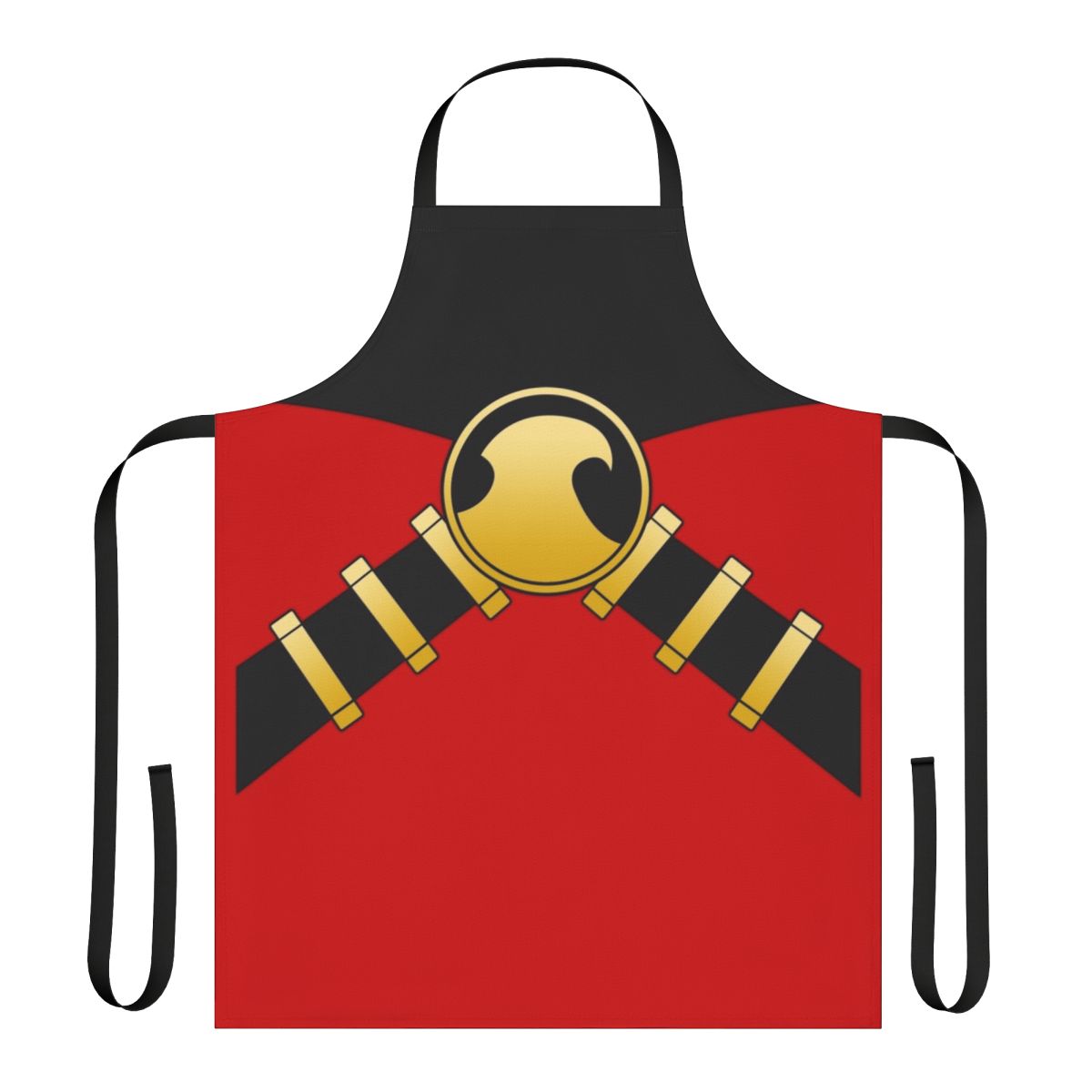 A red apron with a vibrant robin graphic design, perfect for the kitchen or restaurant.