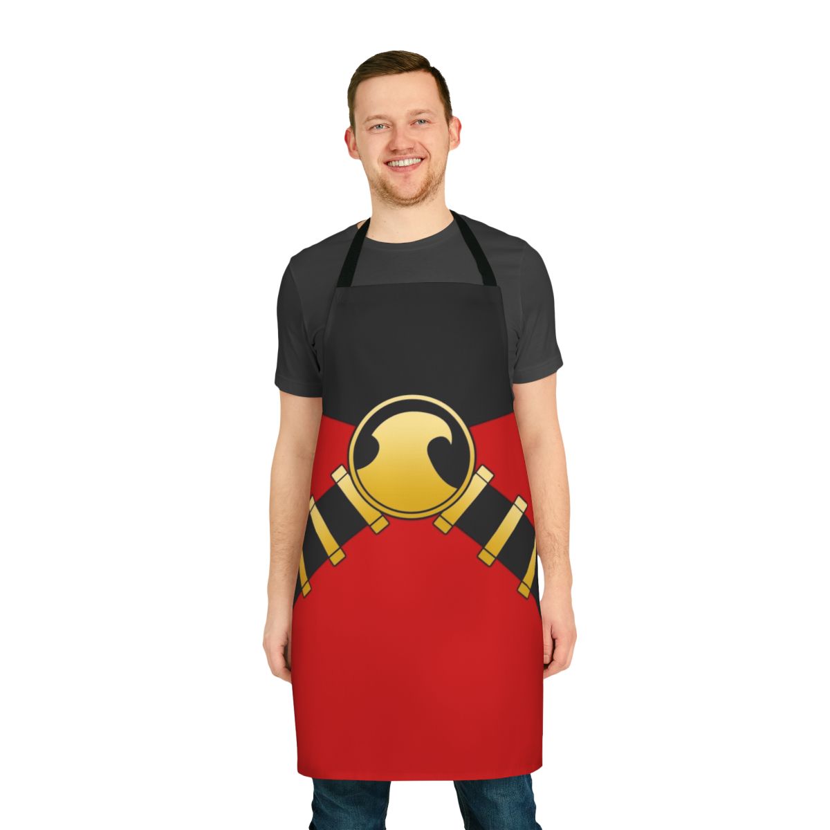 A red apron with a vibrant robin graphic design, perfect for the kitchen or restaurant.