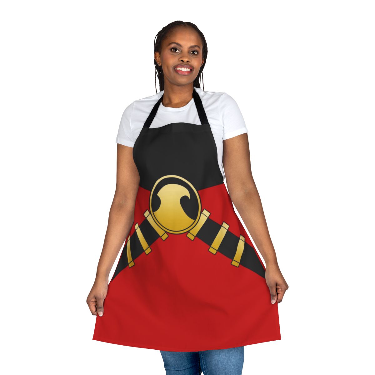 A red apron with a vibrant robin graphic design, perfect for the kitchen or restaurant.
