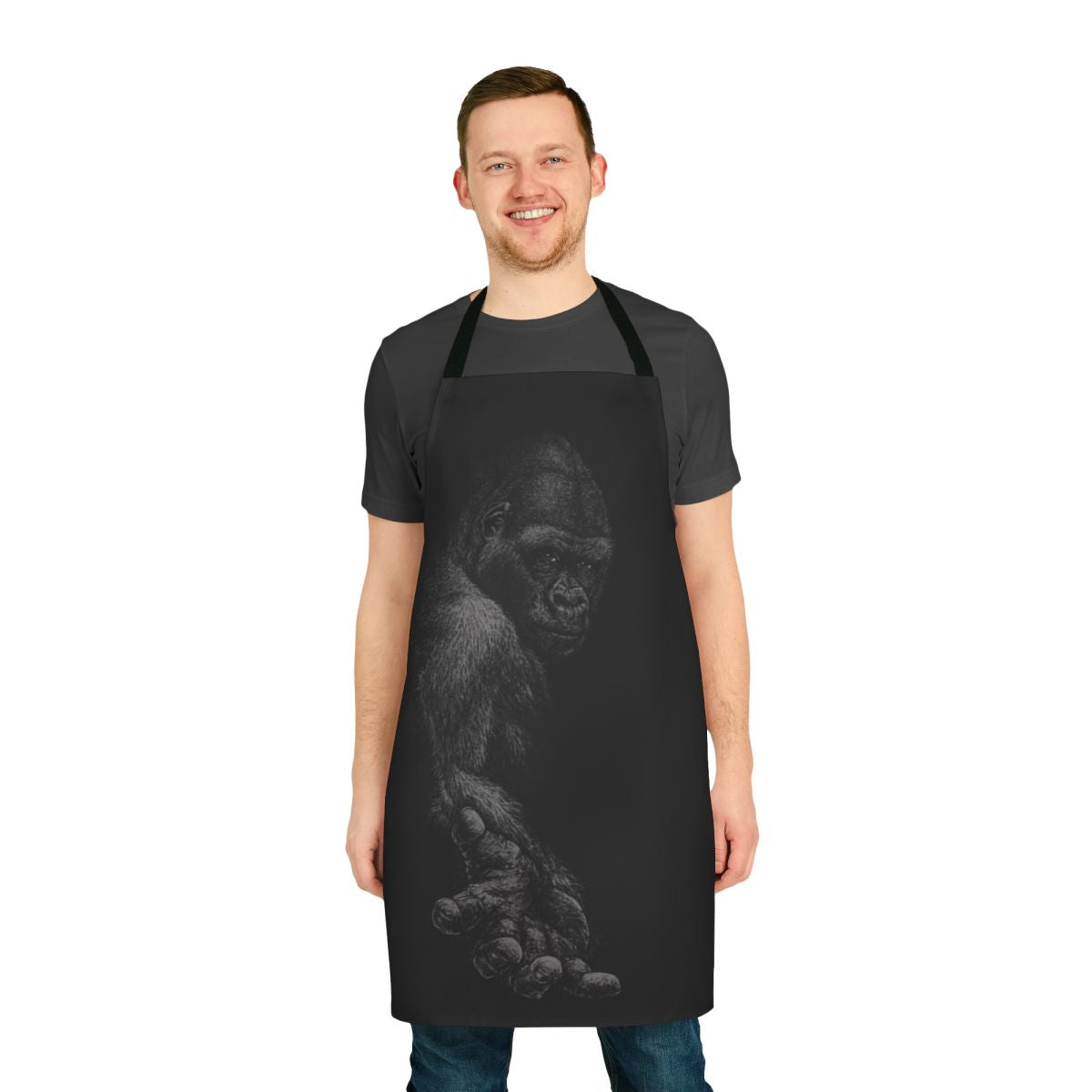 Vibrant apron featuring a playful great ape design, perfect for animal lovers and environmentally conscious home chefs.