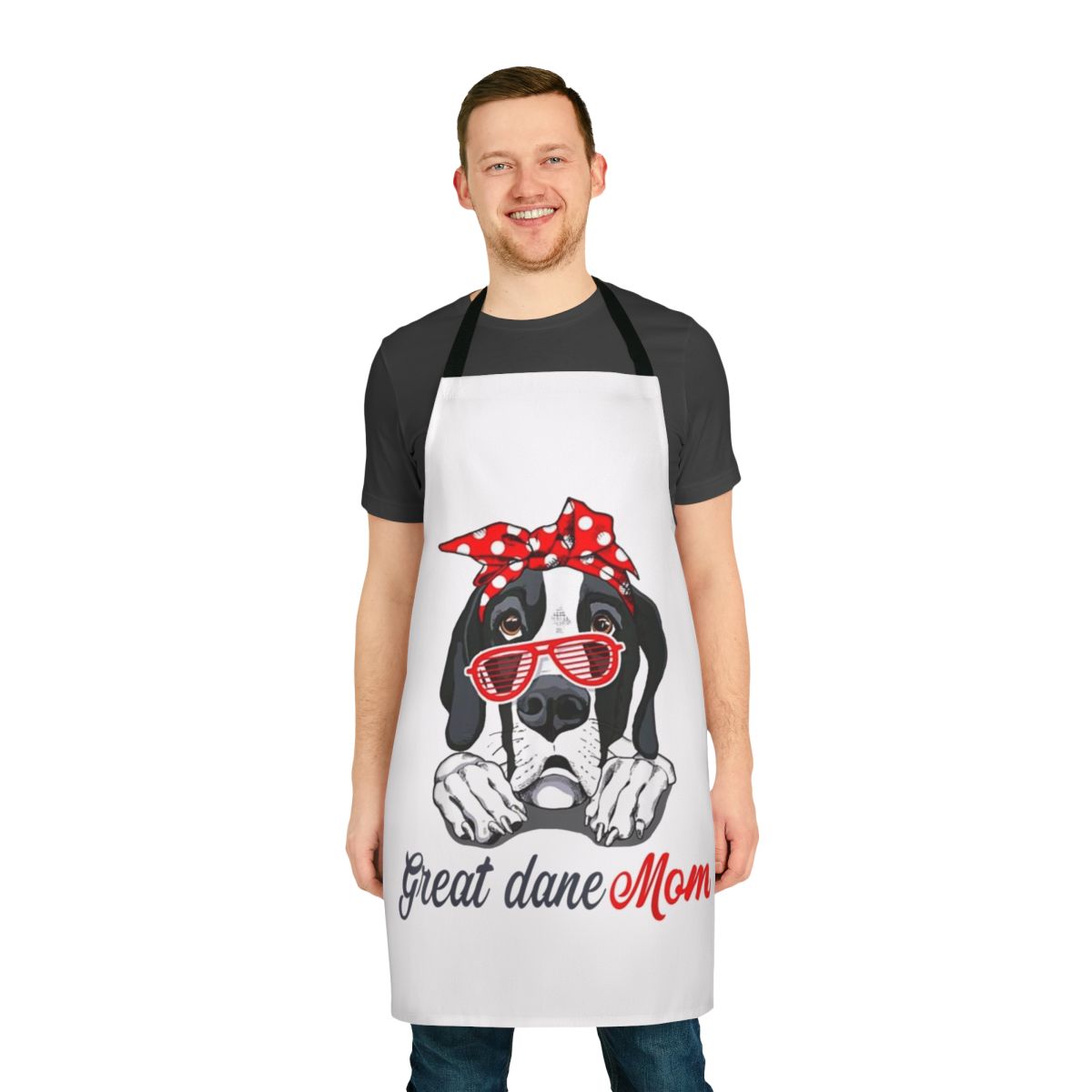 A high-quality apron featuring a playful great dane dog design, perfect for great dane owners and dog moms.