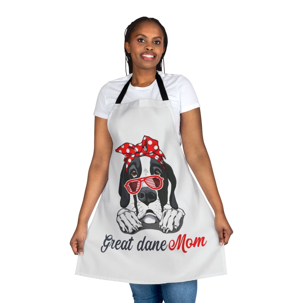 A high-quality apron featuring a playful great dane dog design, perfect for great dane owners and dog moms.