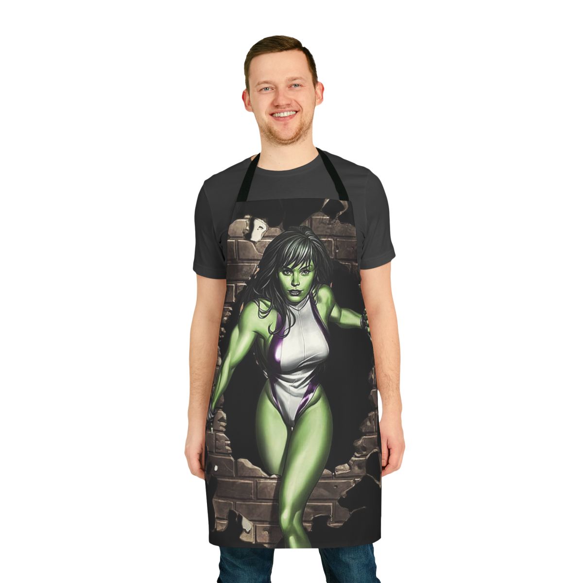 Green apron with monster and fantasy design