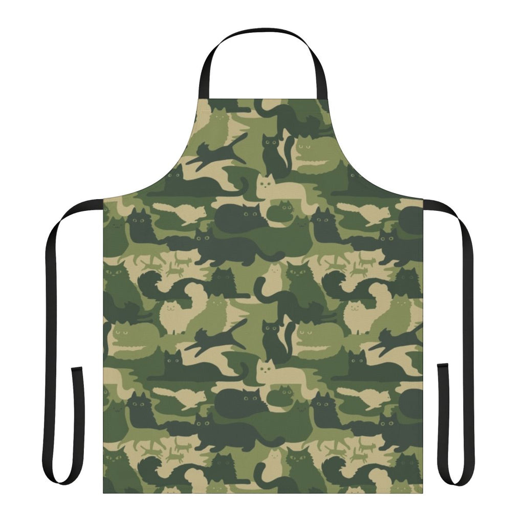 Apron featuring a green camouflage pattern with silhouettes of playful cats
