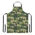 Apron featuring a green camouflage pattern with silhouettes of playful cats