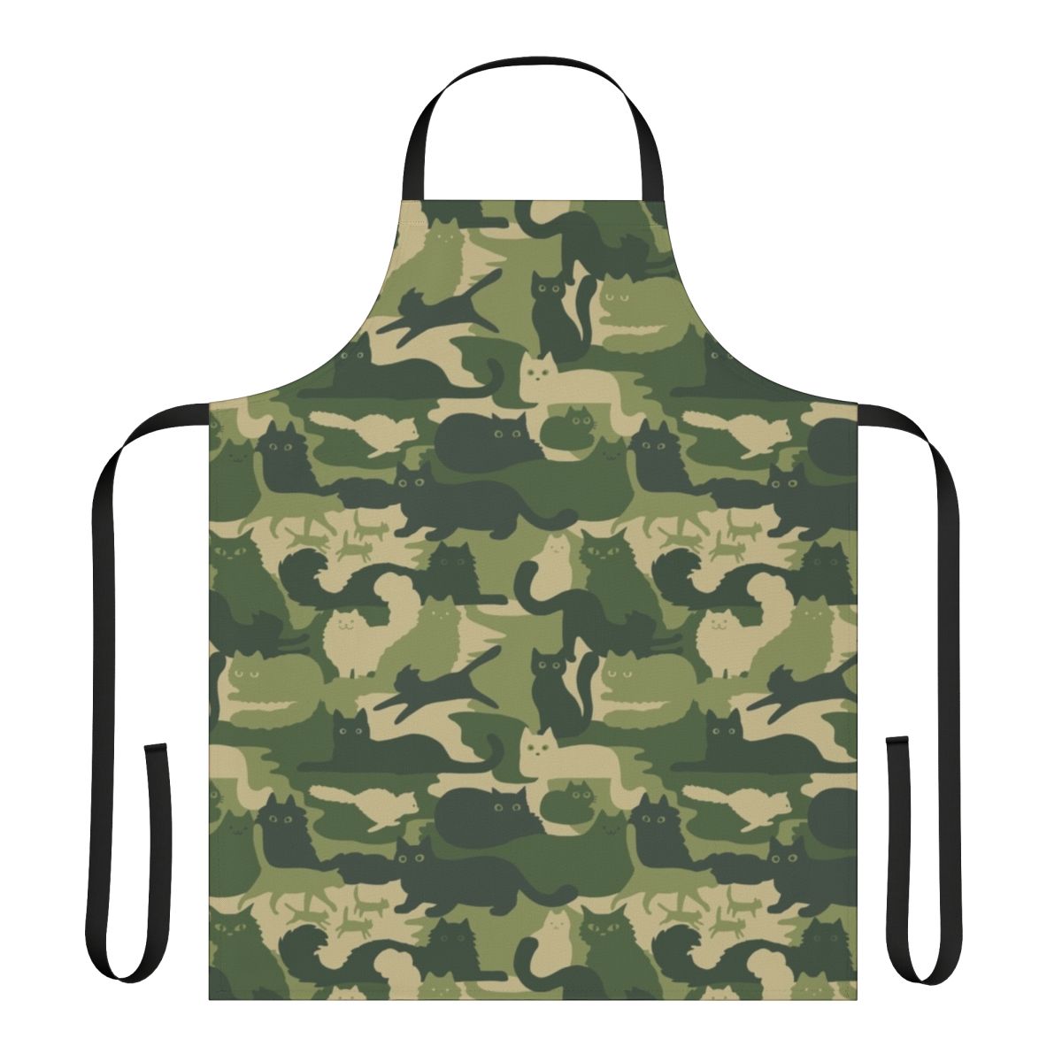 Apron featuring a green camouflage pattern with silhouettes of playful cats