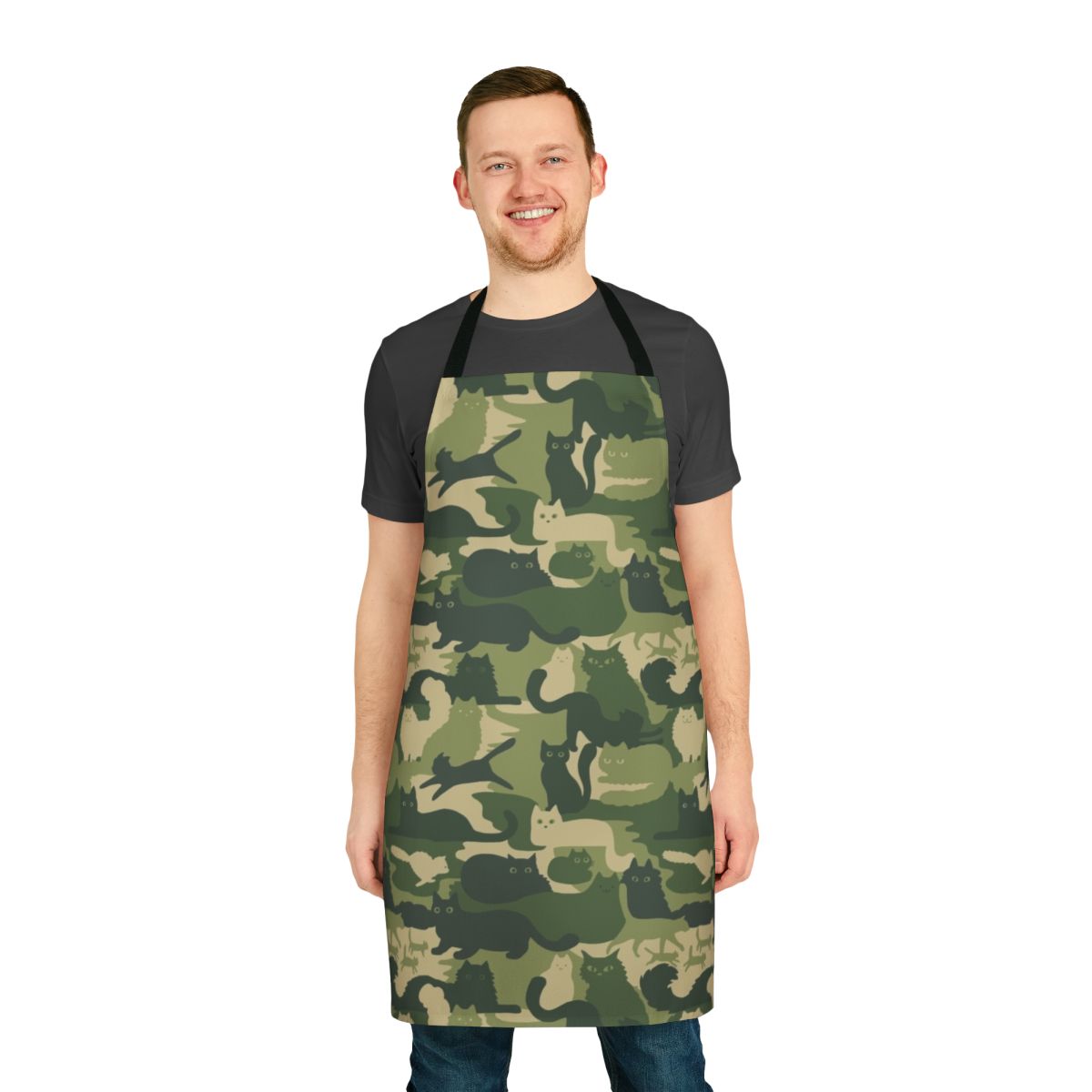 Apron featuring a green camouflage pattern with silhouettes of playful cats