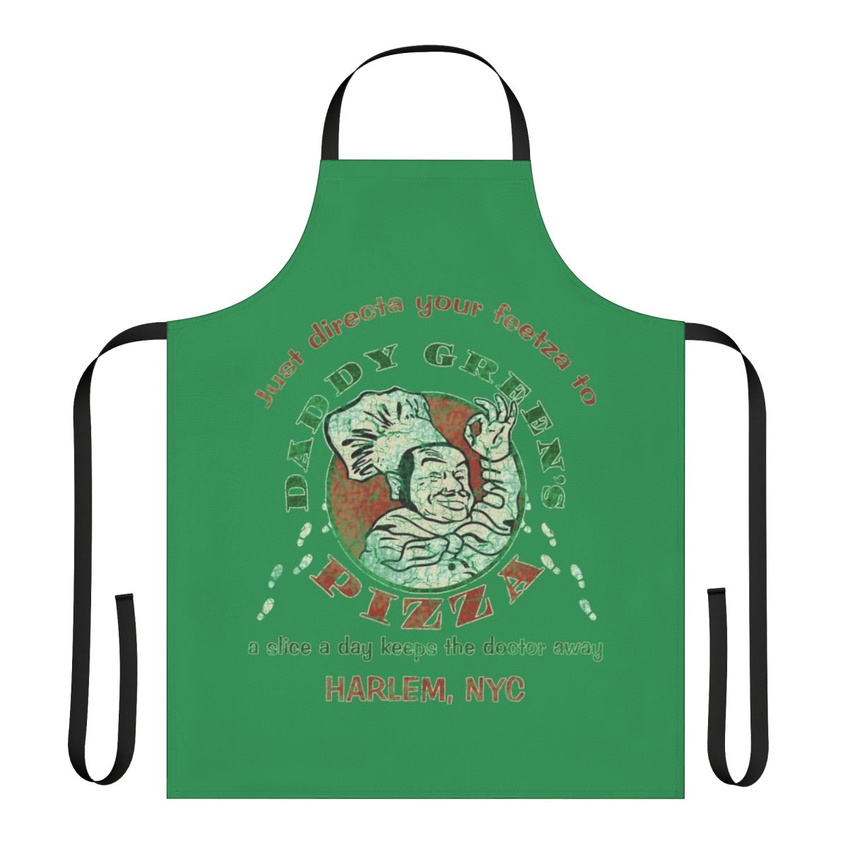 Vibrant green apron with pizza design for home chefs and baking enthusiasts