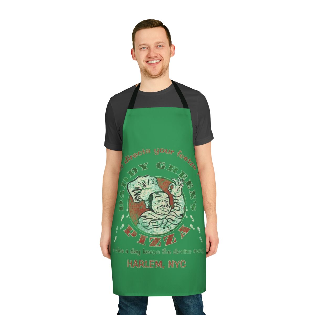 Vibrant green apron with pizza design for home chefs and baking enthusiasts