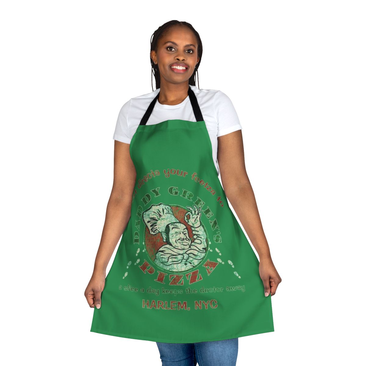 Vibrant green apron with pizza design for home chefs and baking enthusiasts