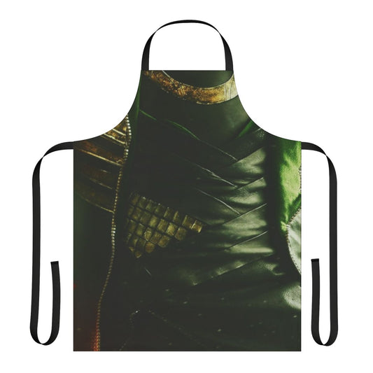 A stylish green and gold apron inspired by the Marvel character Loki and Norse mythology.