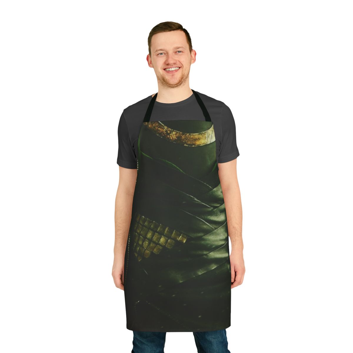 A stylish green and gold apron inspired by the Marvel character Loki and Norse mythology.