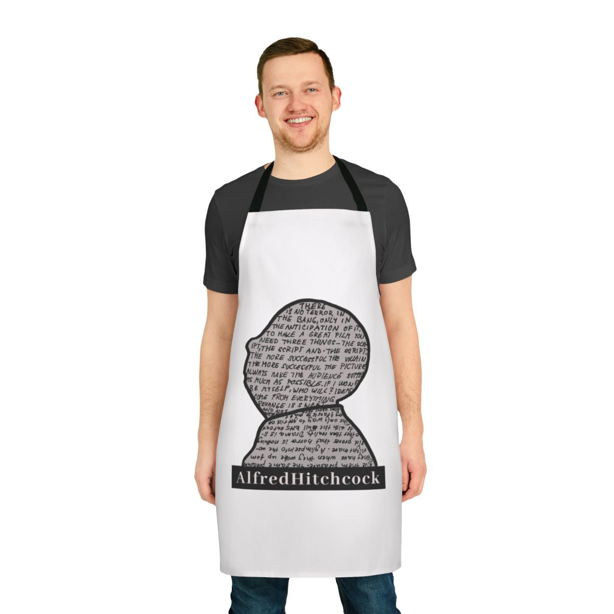Grey apron with Alfred Hitchcock's portrait