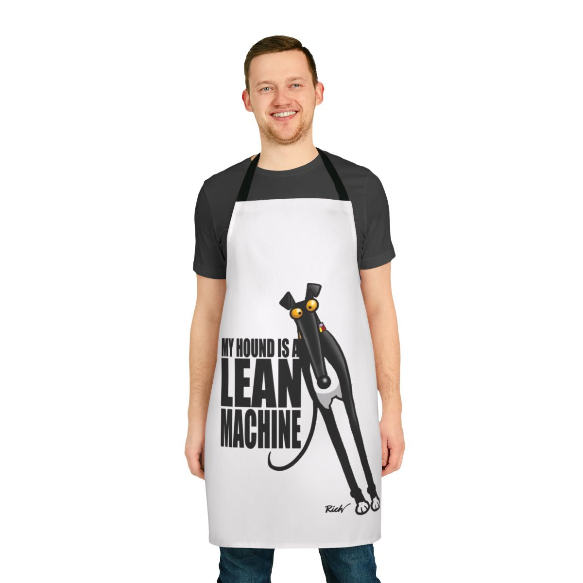 Illustration of a greyhound, lurcher, or whippet on a high-quality apron