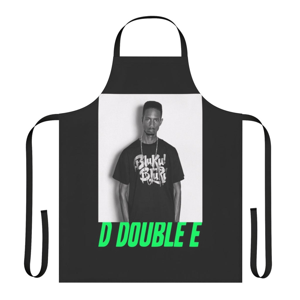 Grime-inspired cooking apron with text "D Double E"