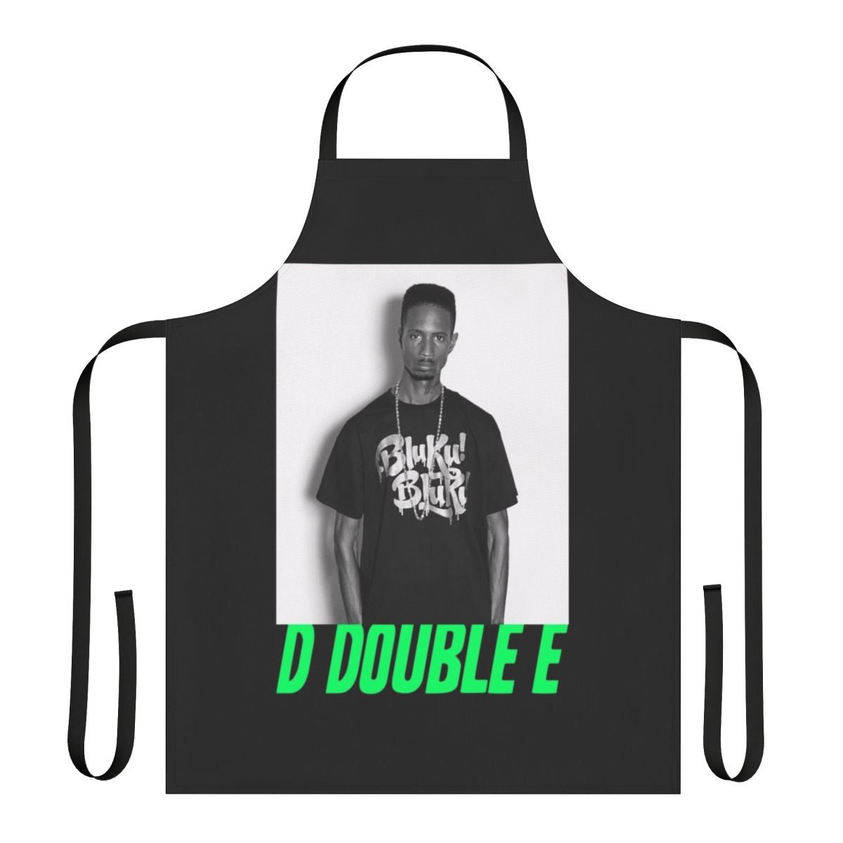 Grime-inspired cooking apron with text "D Double E"