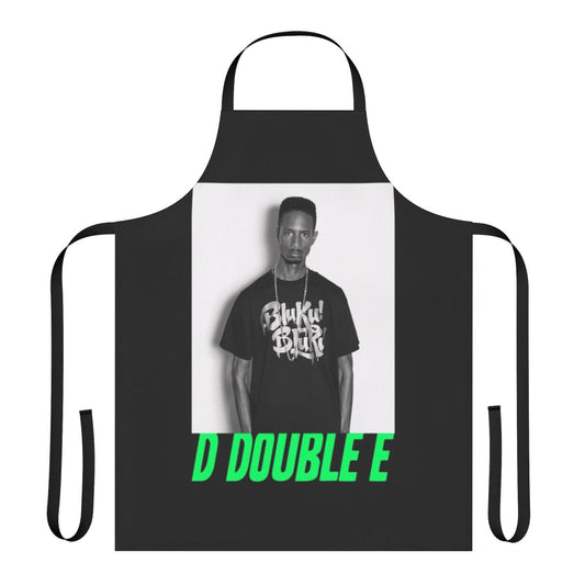 Grime-inspired cooking apron with text "D Double E"