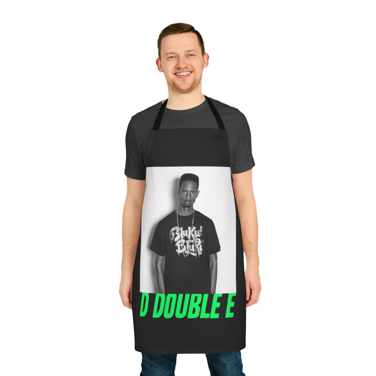Grime-inspired cooking apron with text "D Double E"