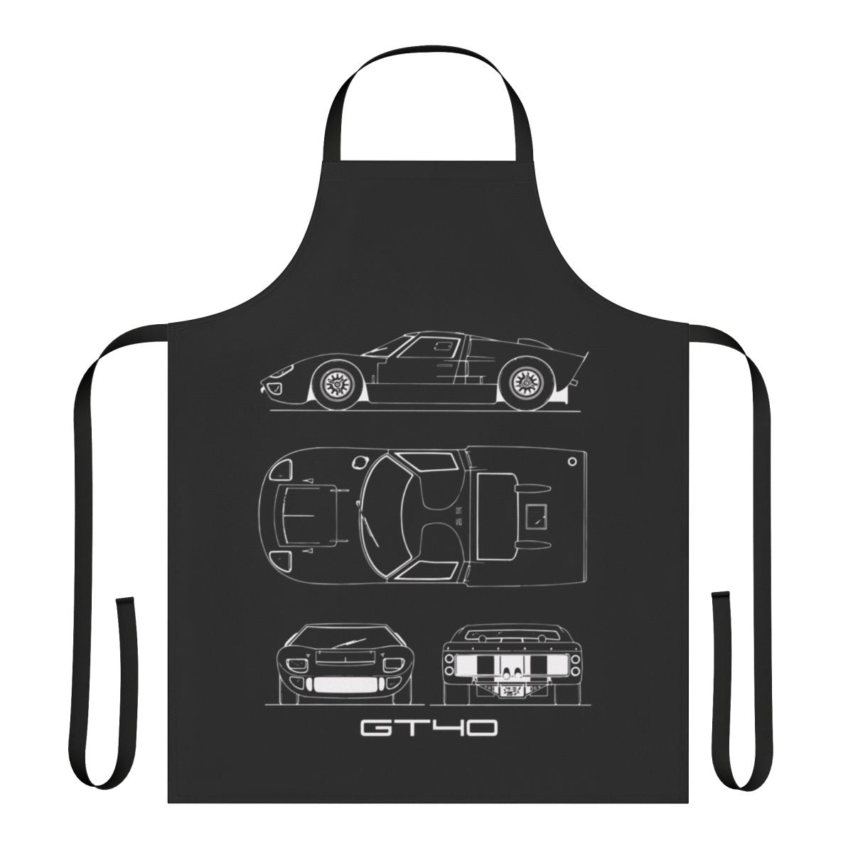 Closeup of a high-quality, durable apron featuring a detailed blueprint design of a classic GT40 sports car.