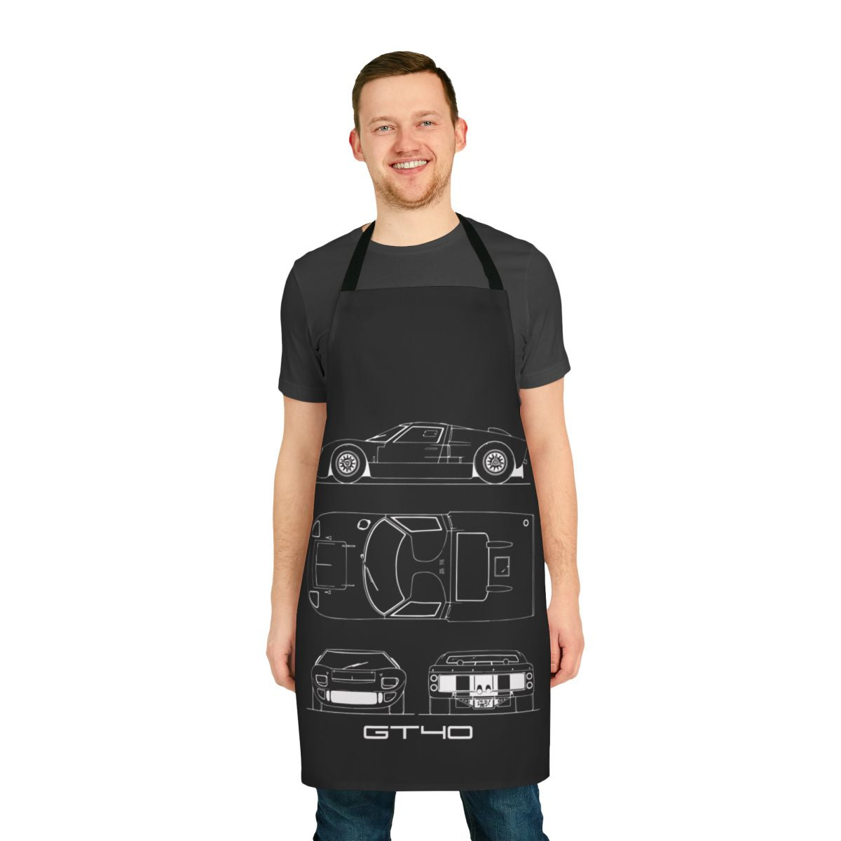 Closeup of a high-quality, durable apron featuring a detailed blueprint design of a classic GT40 sports car.