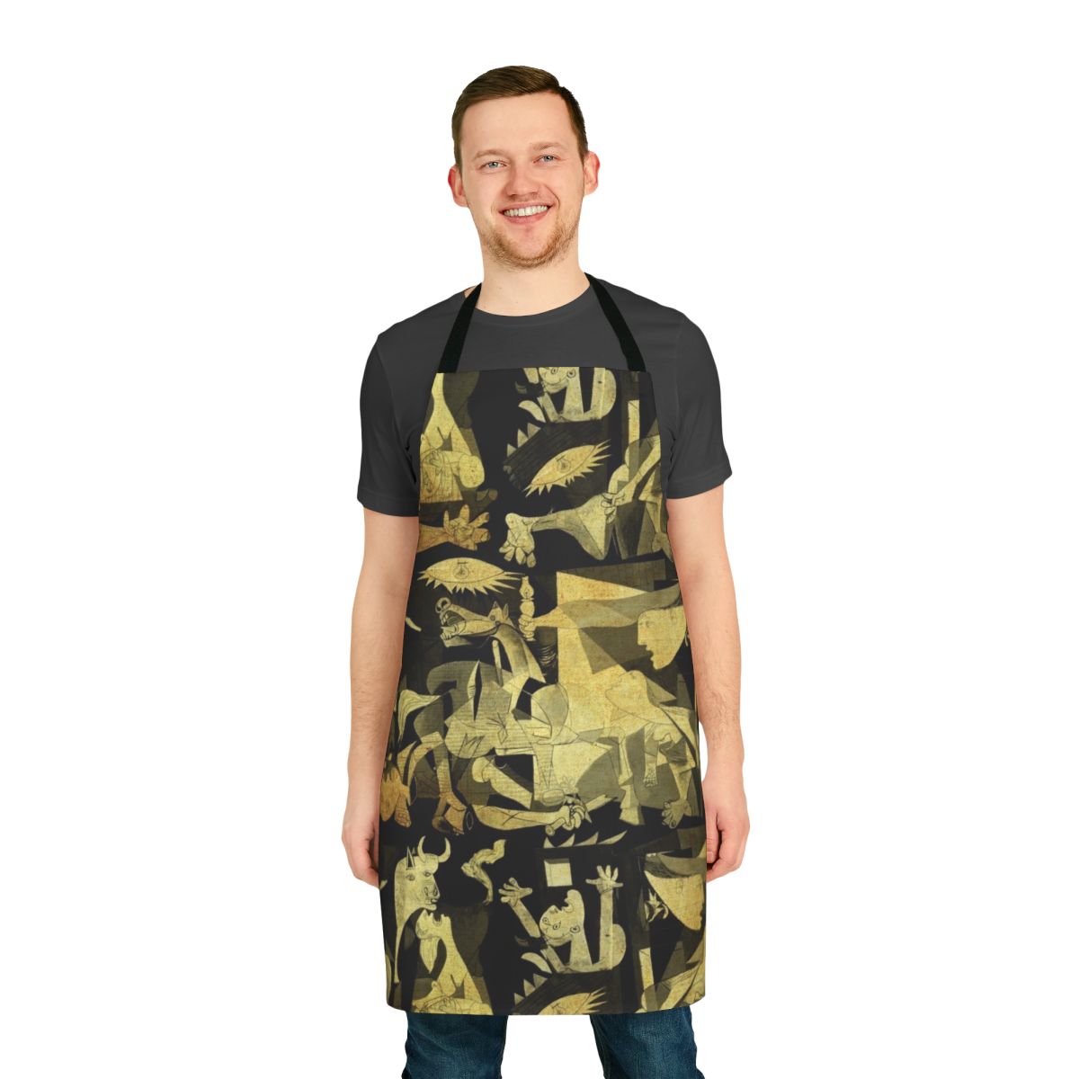 Guernica-inspired apron with vibrant, textured design referencing the iconic 1937 painting by Pablo Picasso