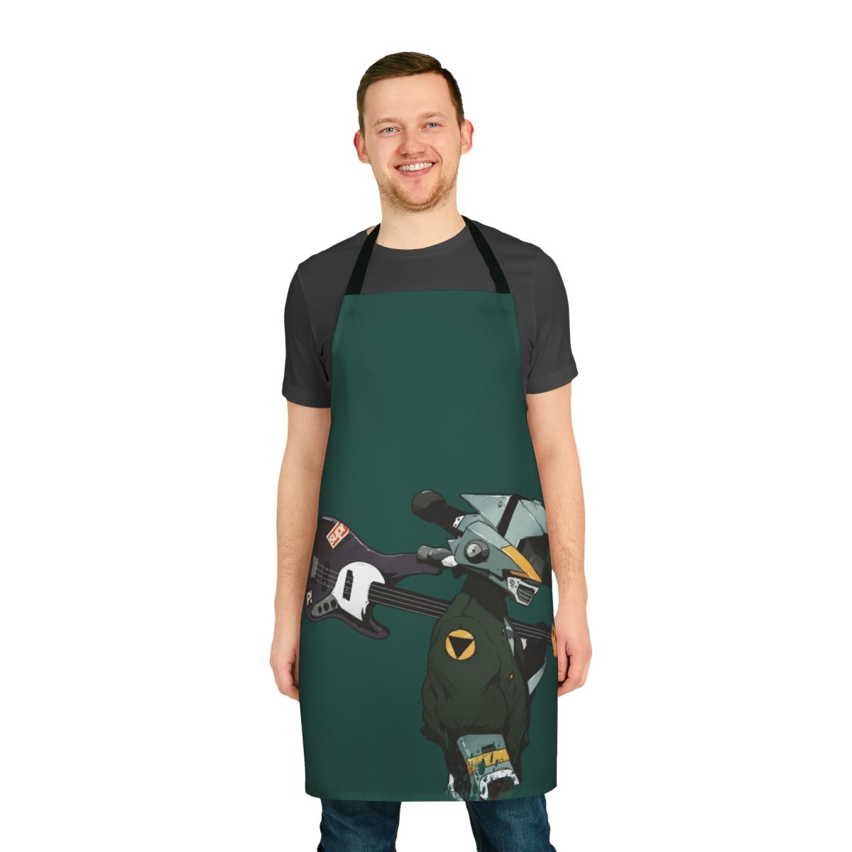 A vibrant and playful apron featuring a guitar design, perfect for fans of FLCL and other anime/pop culture themes.