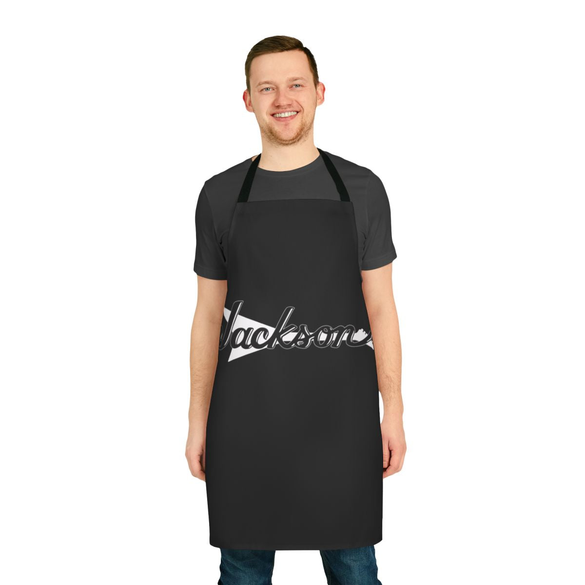 A black apron featuring a guitar graphic, perfect for the music enthusiast.