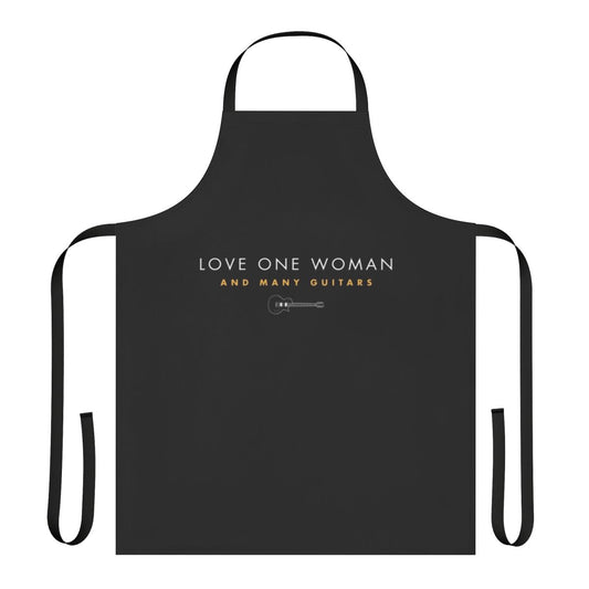 Woman wearing stylish apron with guitar and music print