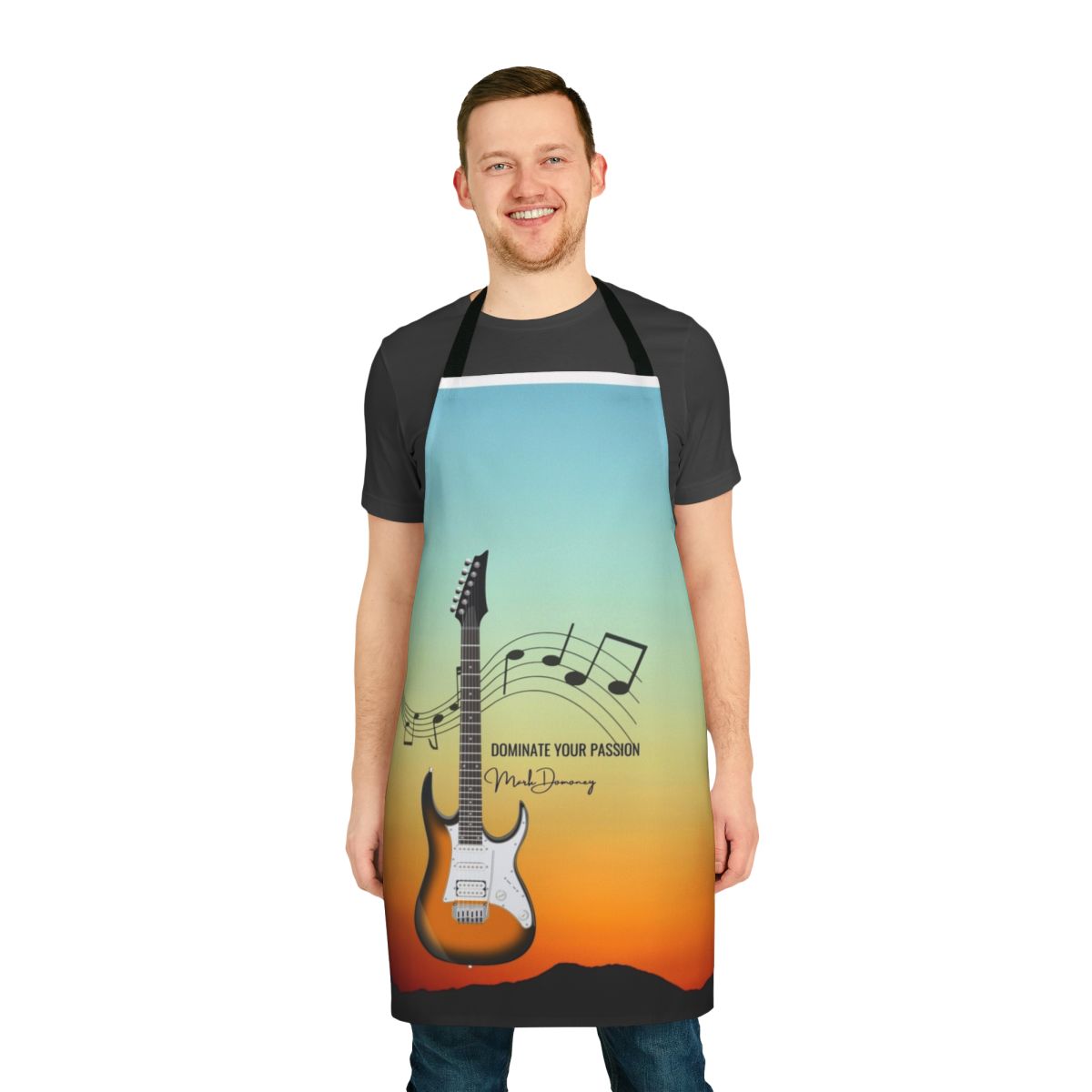A stylish apron featuring an electric guitar design, perfect for music enthusiasts and professional musicians.