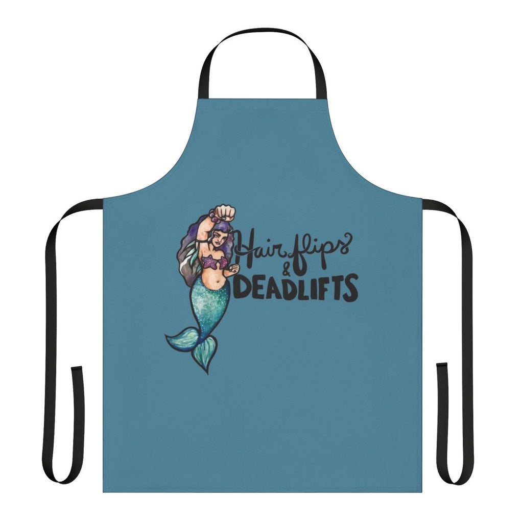 A black apron with the text "Hair Flips and Deadlifts" and a mermaid graphic, perfect for weightlifting and fitness fans.