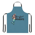 A black apron with the text "Hair Flips and Deadlifts" and a mermaid graphic, perfect for weightlifting and fitness fans.