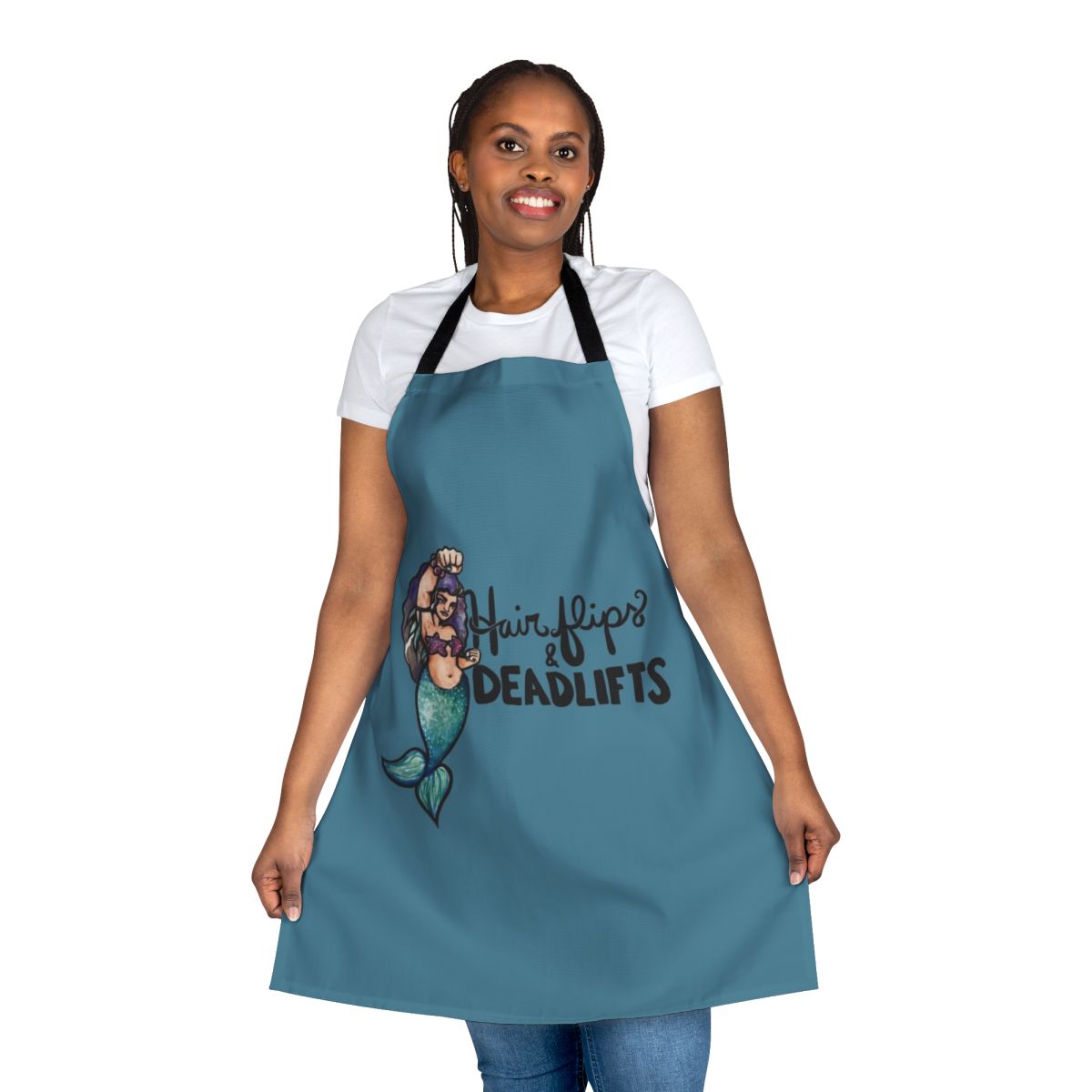 A black apron with the text "Hair Flips and Deadlifts" and a mermaid graphic, perfect for weightlifting and fitness fans.
