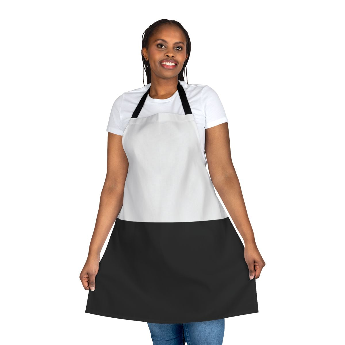 A minimalist half black and half white apron, perfect for modern kitchens.