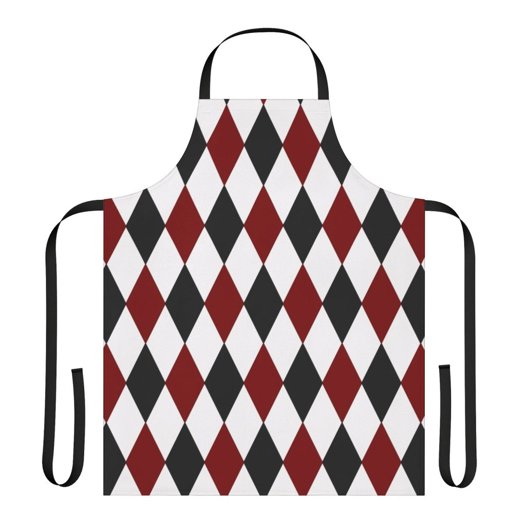 Harlequin pattern apron in black, white, and red colors