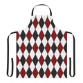 Harlequin pattern apron in black, white, and red colors