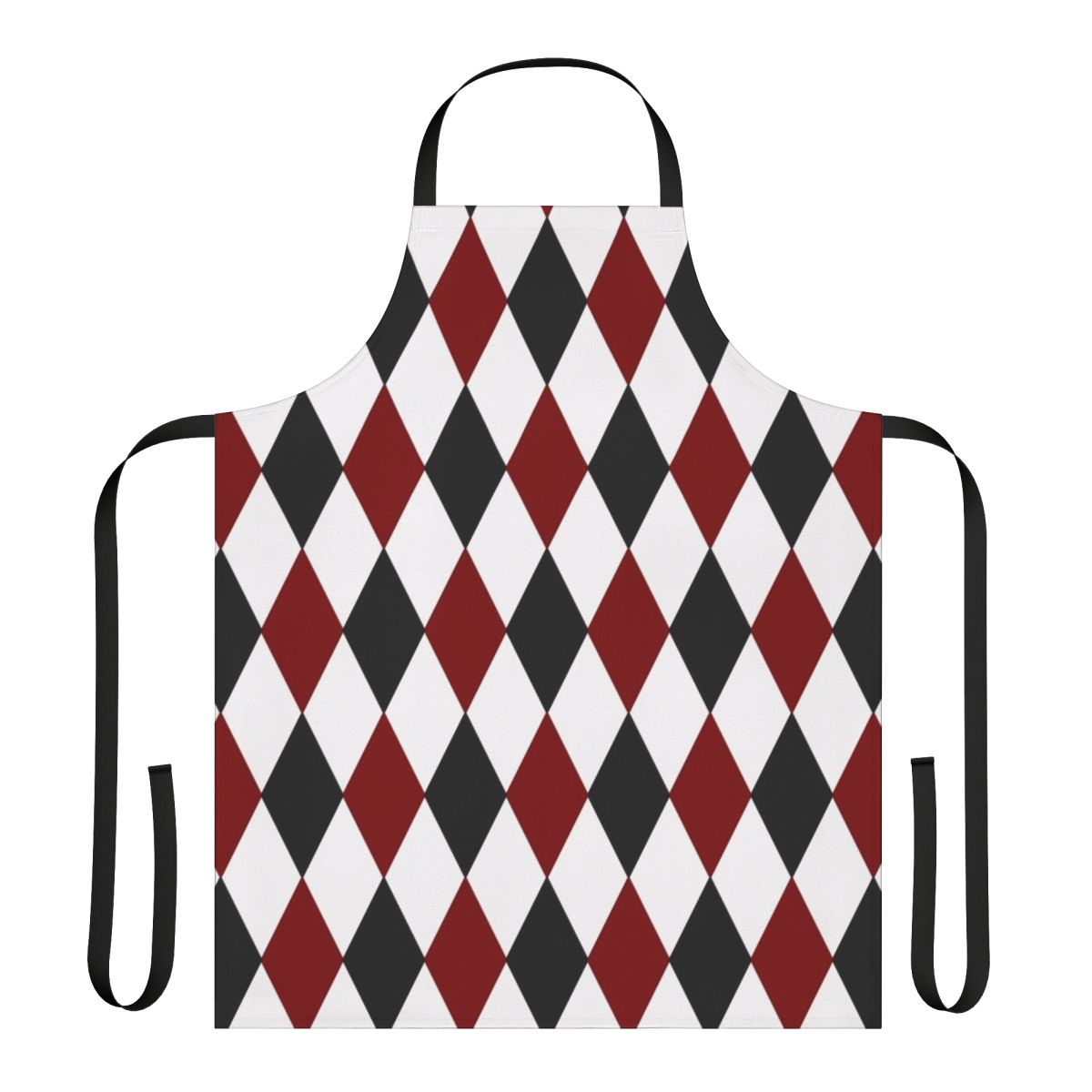 Harlequin pattern apron in black, white, and red colors