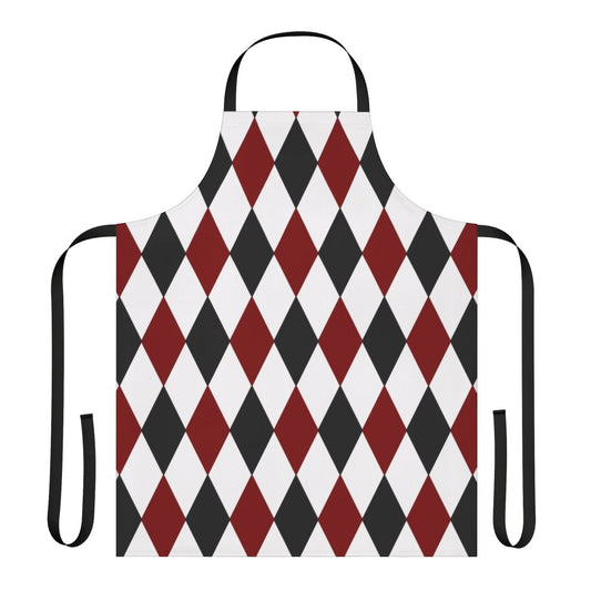 Harlequin pattern apron in black, white, and red colors