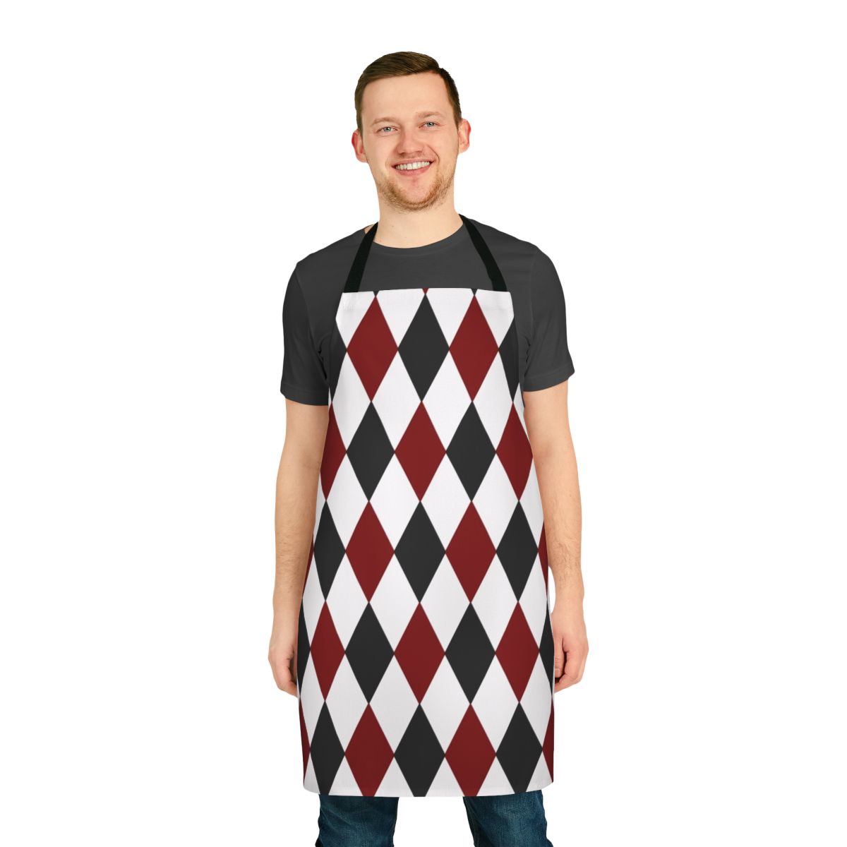 Harlequin pattern apron in black, white, and red colors