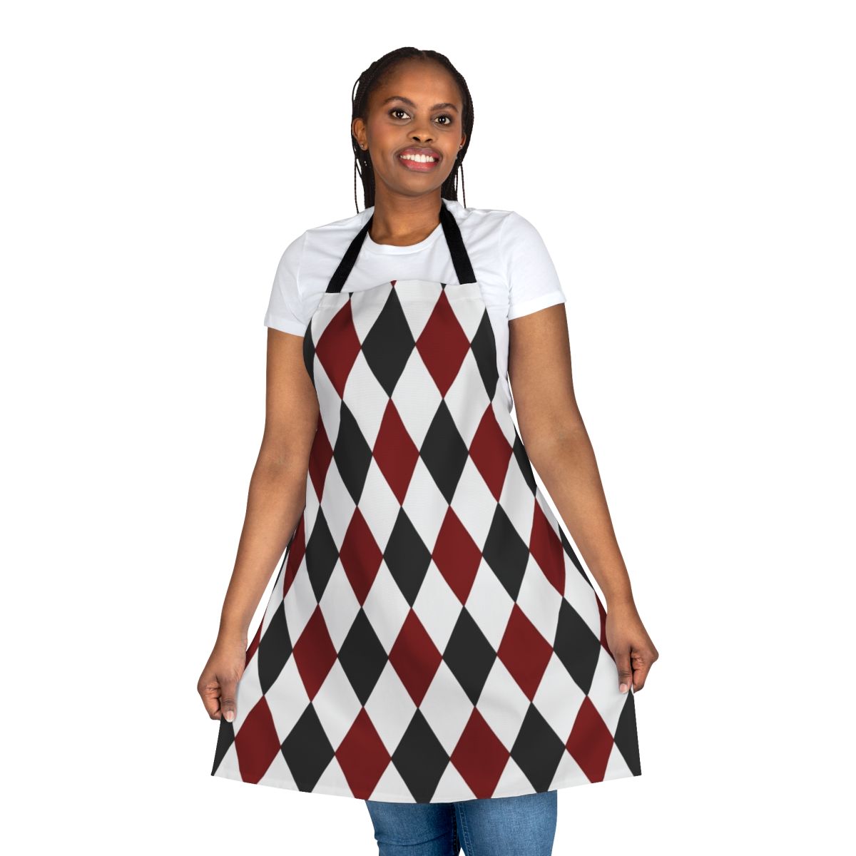 Harlequin pattern apron in black, white, and red colors