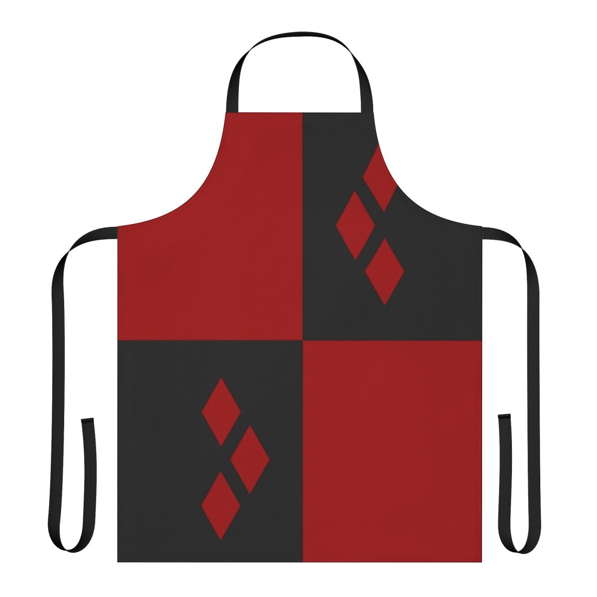 A vibrant, diamond-print apron in red and black, perfect for Harley Quinn fans and cosplayers.