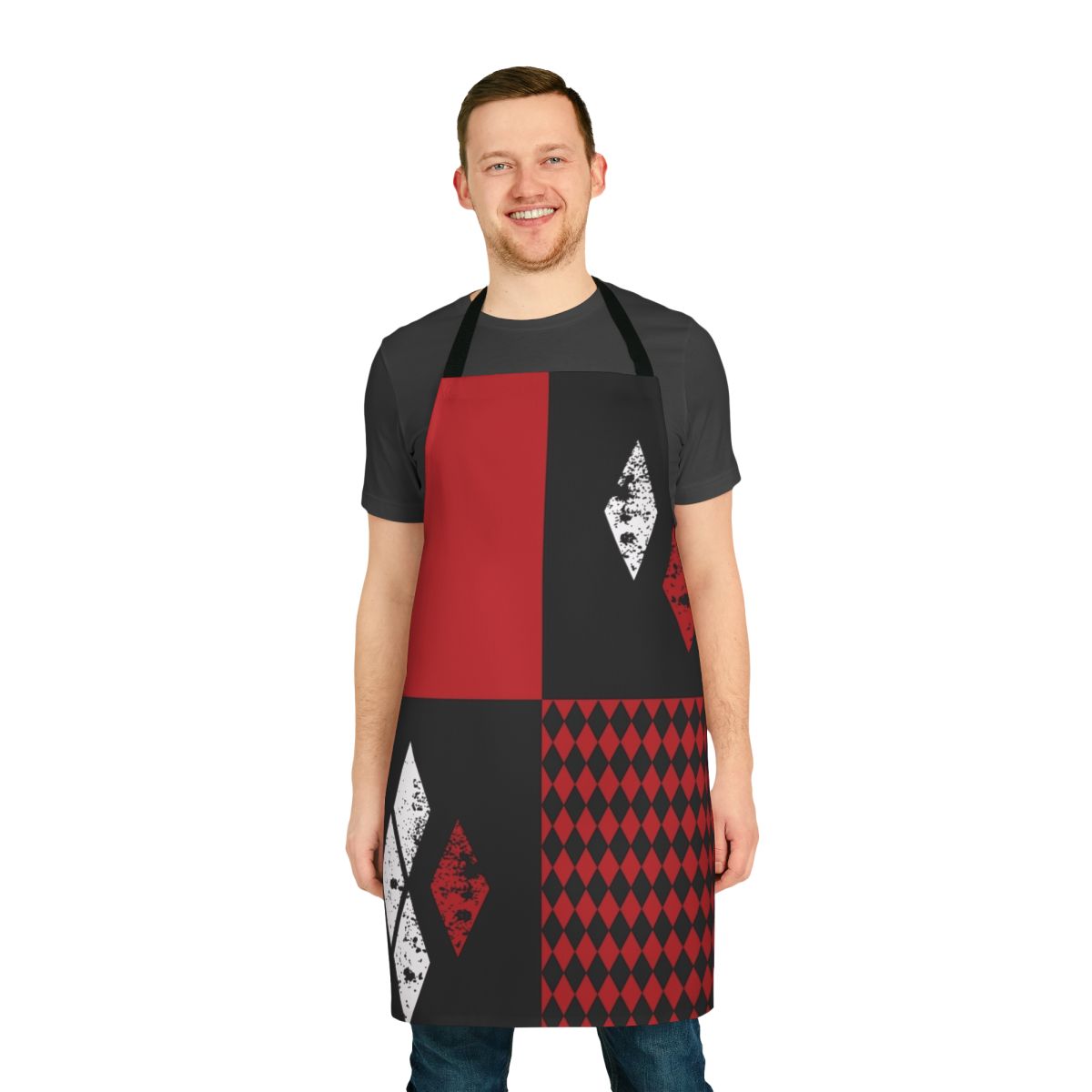 Harley Quinn inspired apron with diamond pattern in red, white, and black