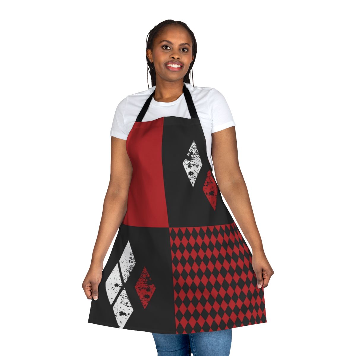 Harley Quinn inspired apron with diamond pattern in red, white, and black