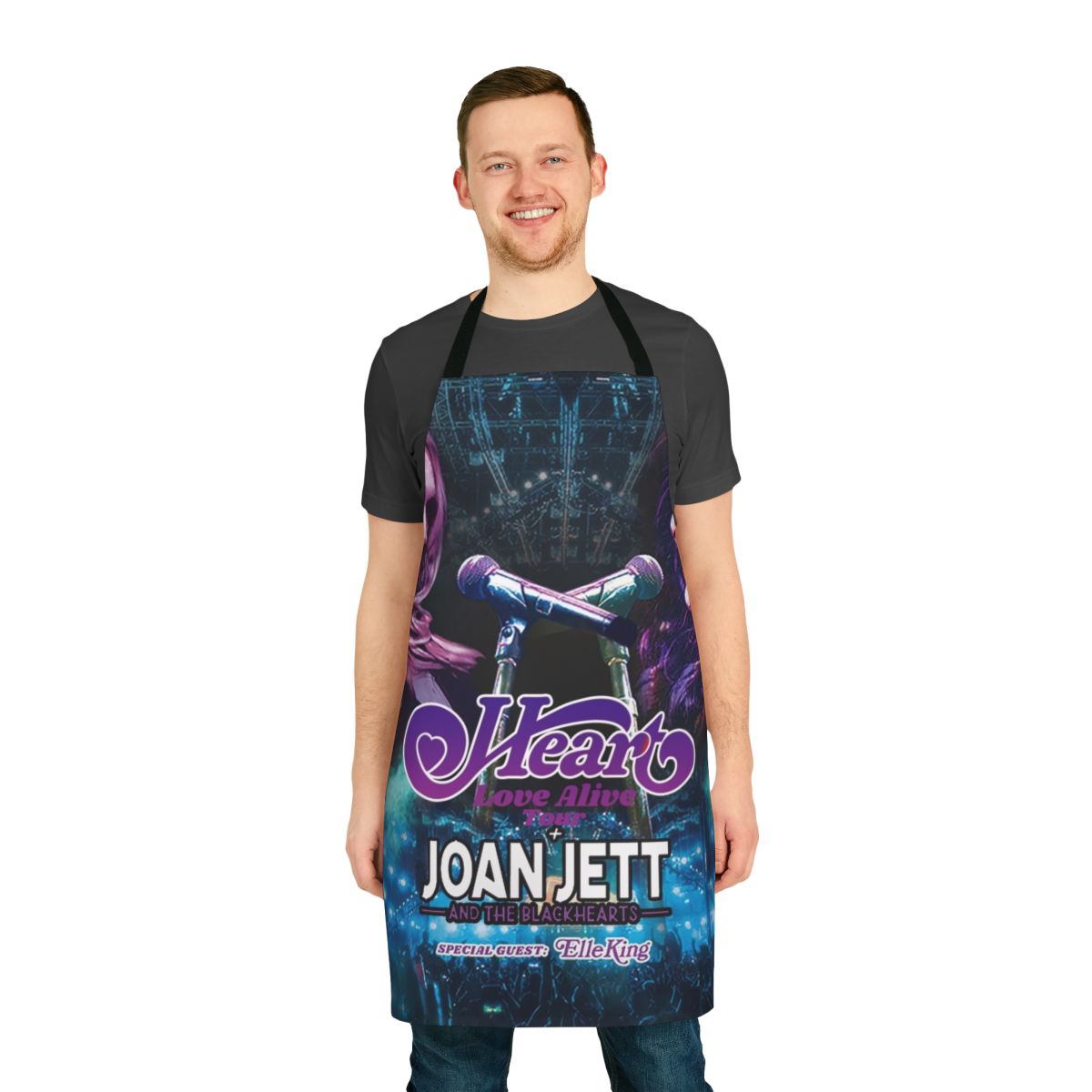 Artistic apron design featuring the Heart logo and concert details