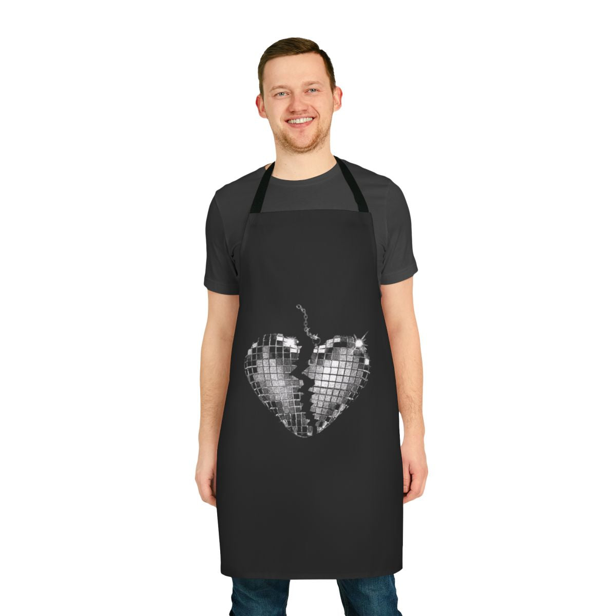 A white apron with a heart design, inspired by pop music and Miley Cyrus.