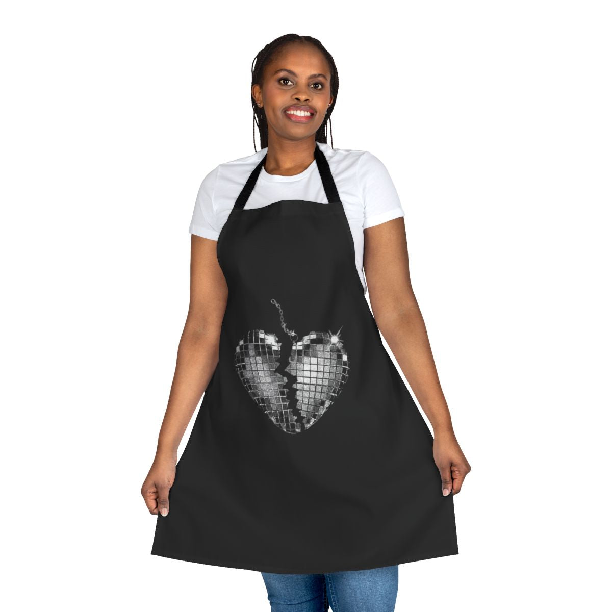 A white apron with a heart design, inspired by pop music and Miley Cyrus.