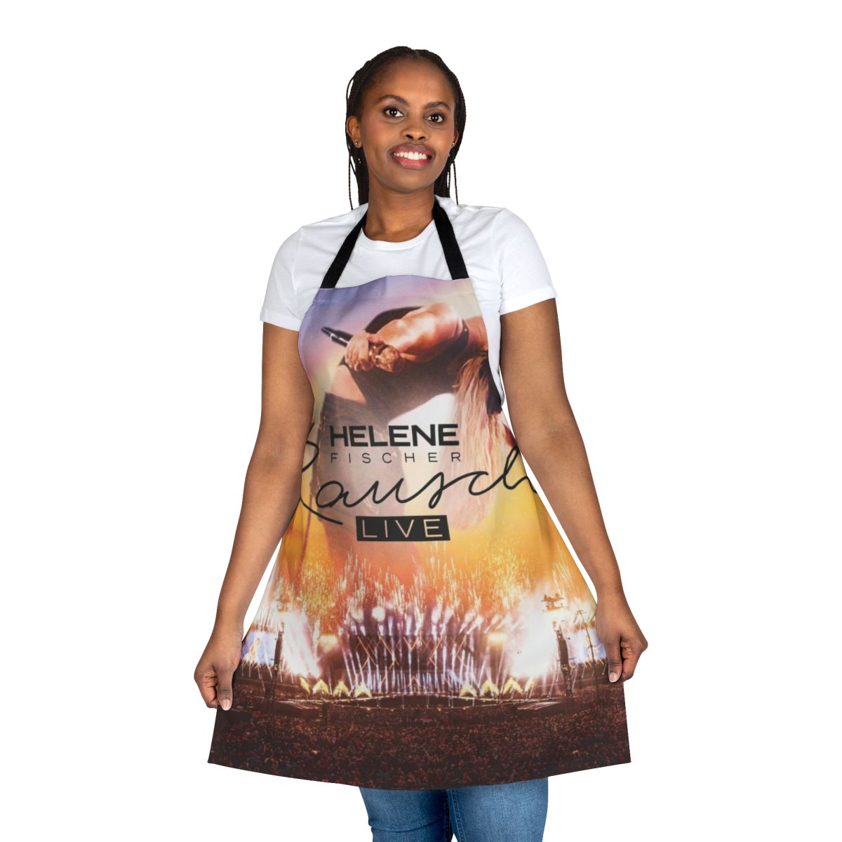 Stylish black and white apron featuring a portrait of German pop singer Helene Fischer