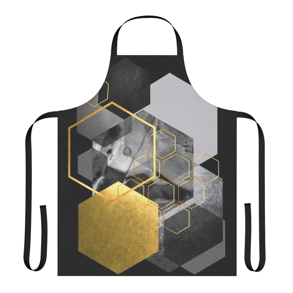 A stylish geometric apron featuring a hexagon pattern in black, white, grey, and gold colors.