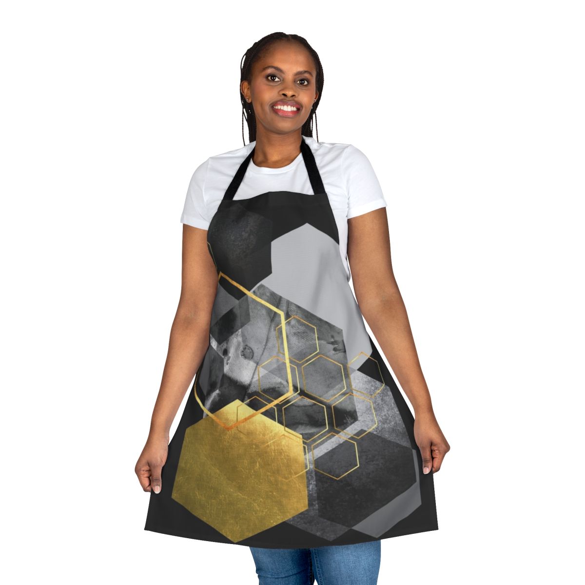 A stylish geometric apron featuring a hexagon pattern in black, white, grey, and gold colors.