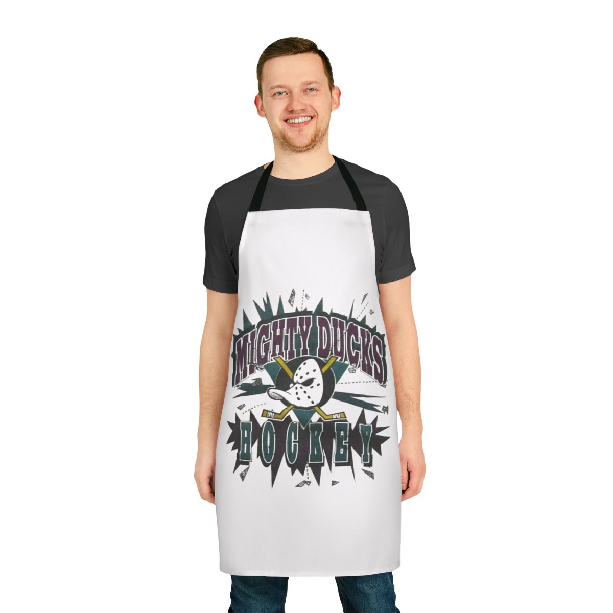 Hockey-themed apron featuring a duck sports team design