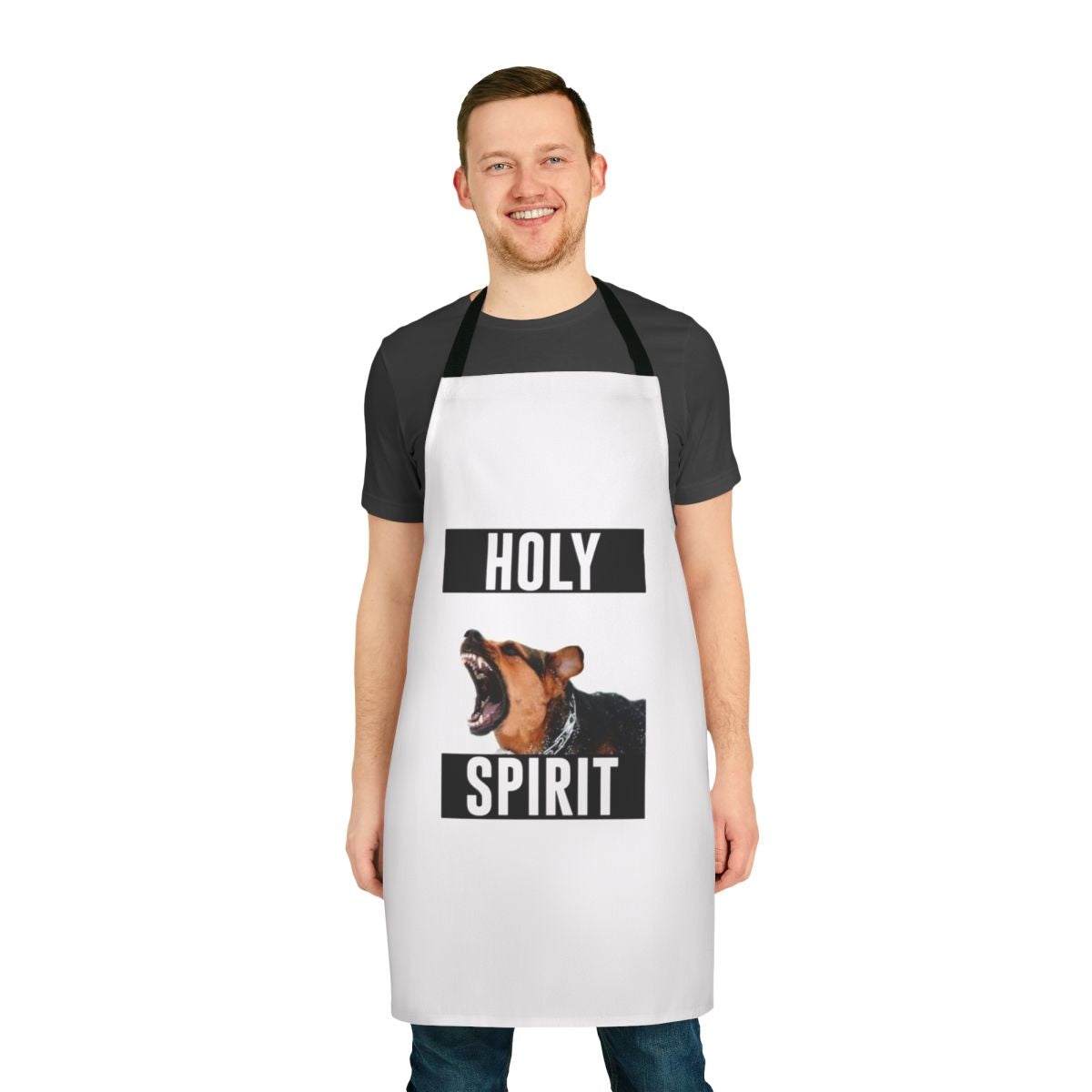 Vibrant apron with a holy spirit design, perfect for the kitchen